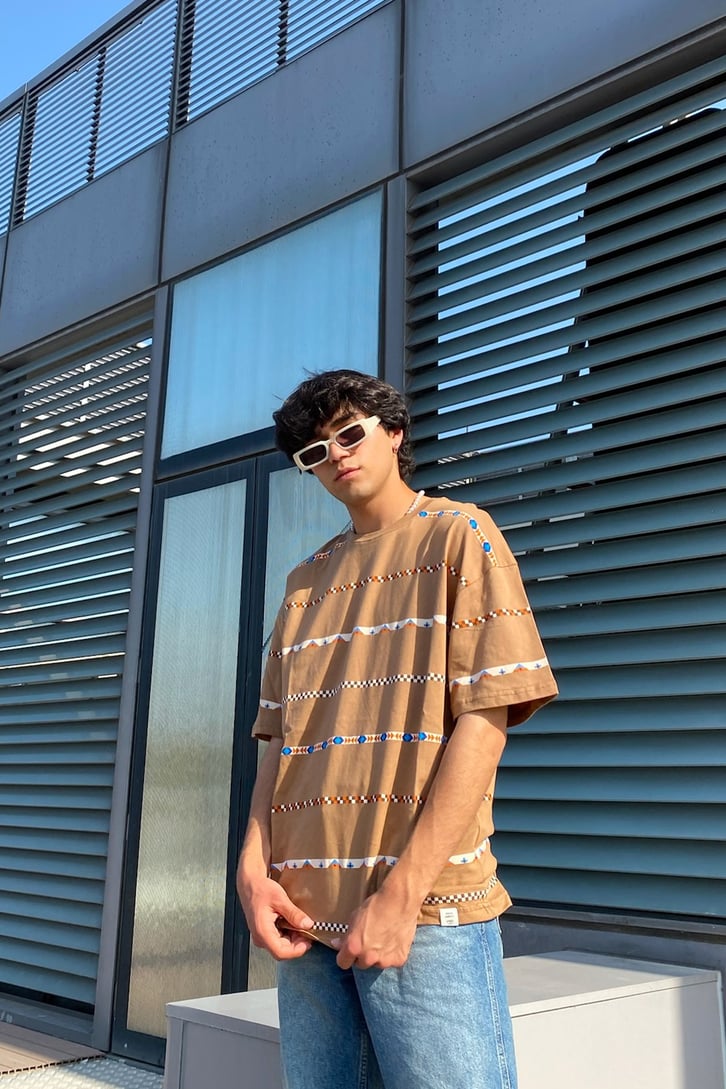 Etnik Şeritli Oversize Tshirt