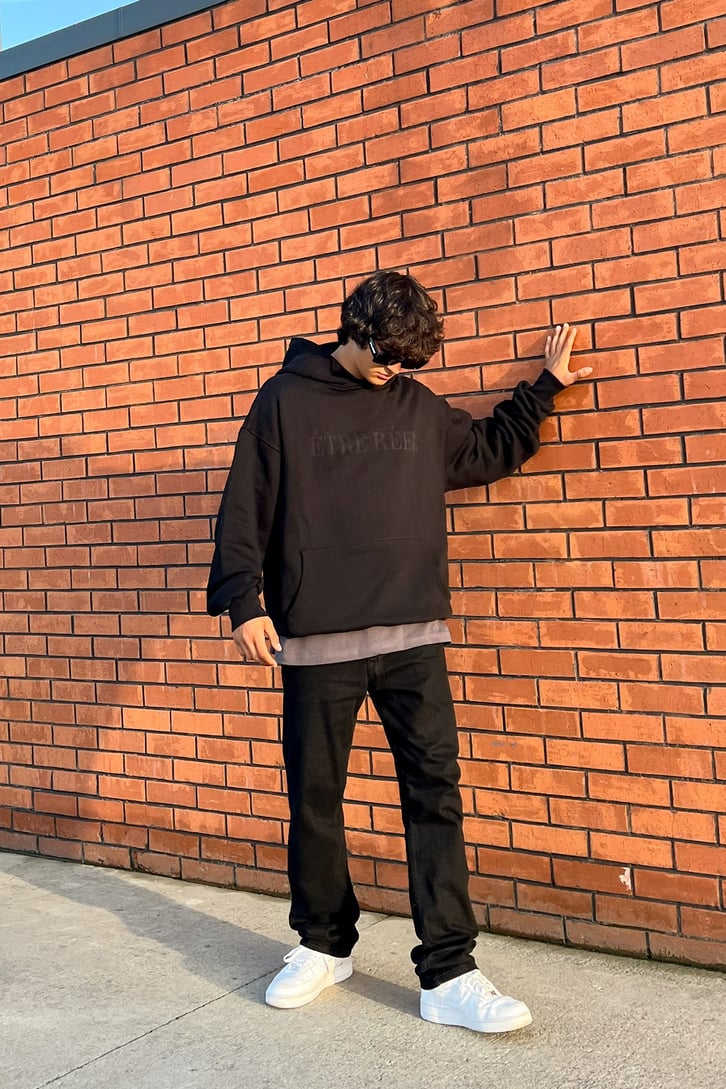 Etre Reel Baskılı Siyah Oversize Sweatshirt