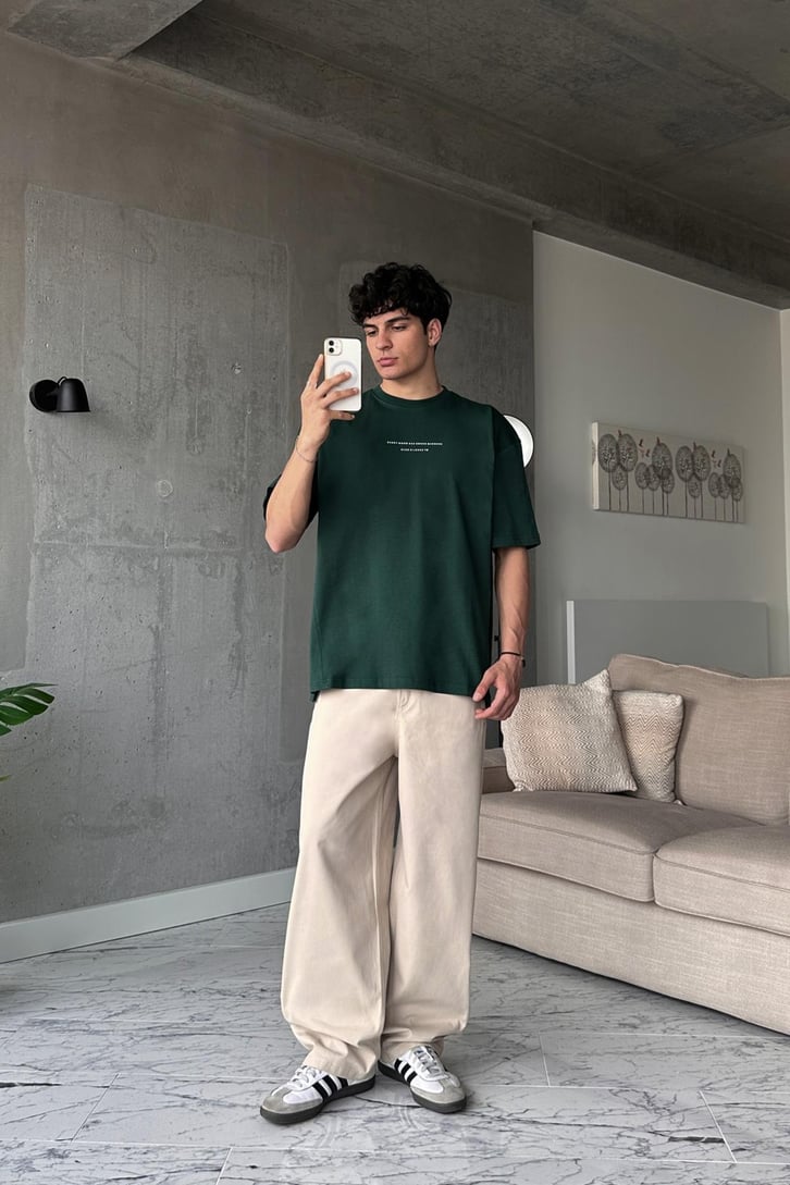 Every Word Baskılı Yeşil Oversize Tişört