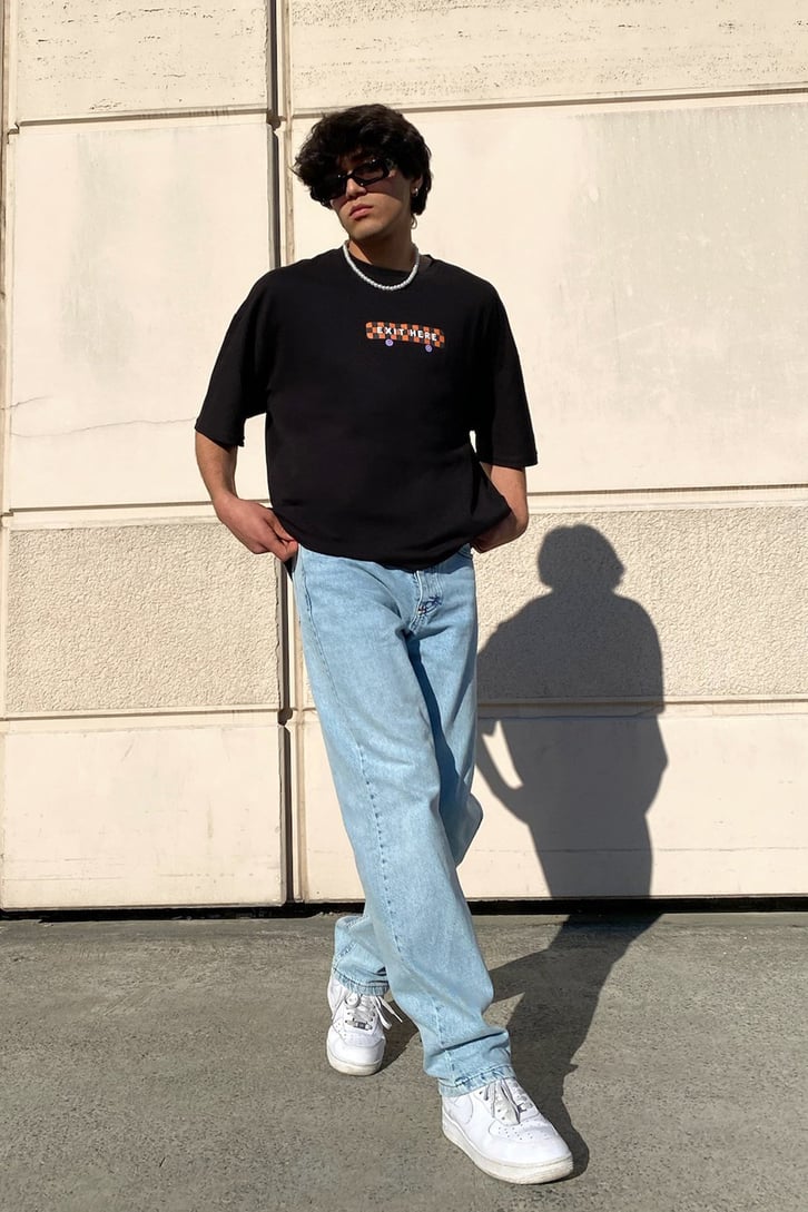 Exit Here Baskılı Siyah Oversize Tshirt