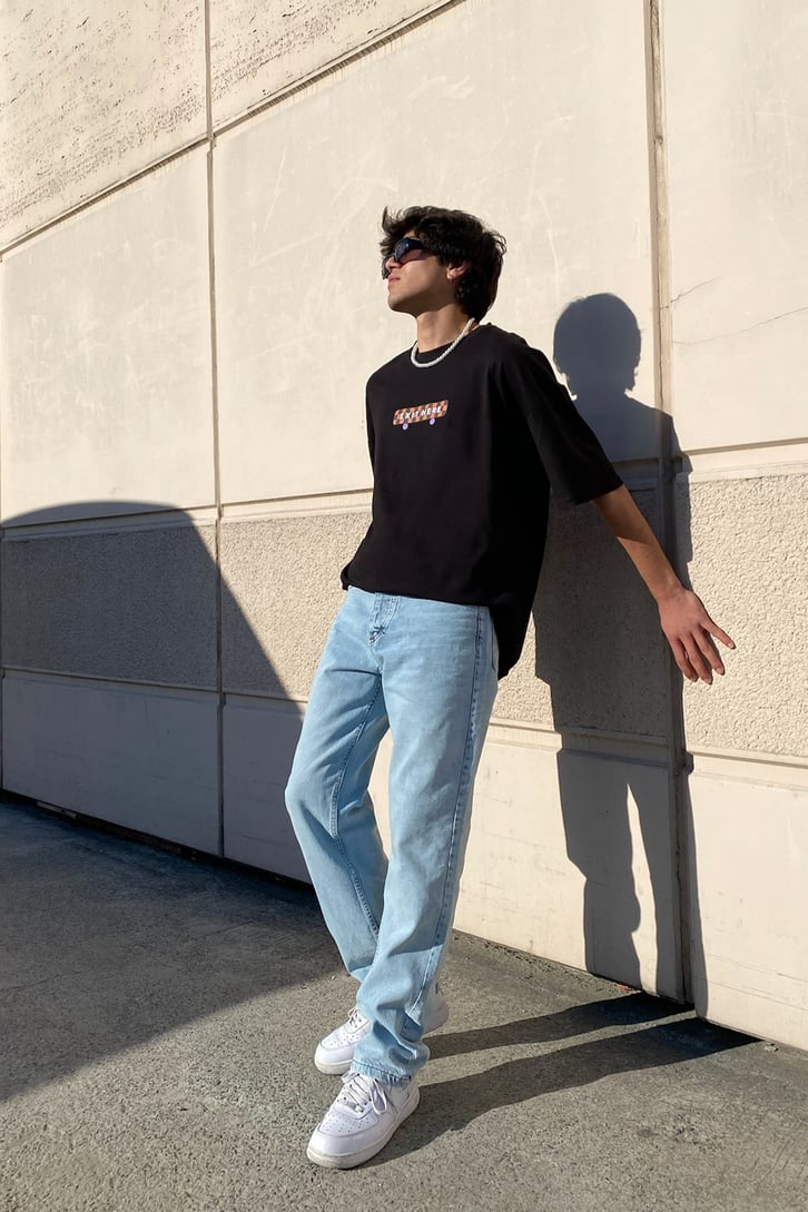 Exit Here Baskılı Siyah Oversize Tshirt