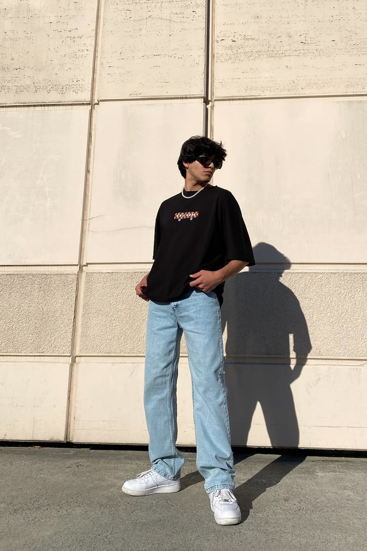 Exit Here Baskılı Siyah Oversize Tshirt