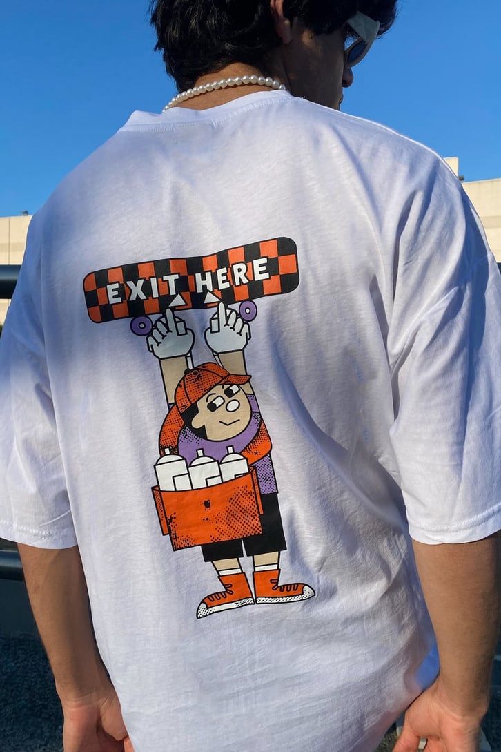 Exit Here Baskılı Siyah Oversize Tshirt