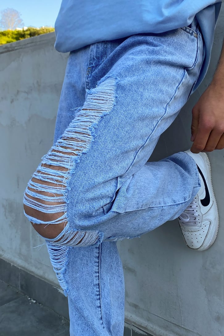 Extenden Yırtık Detaylı Mavi Regular Fit Jean