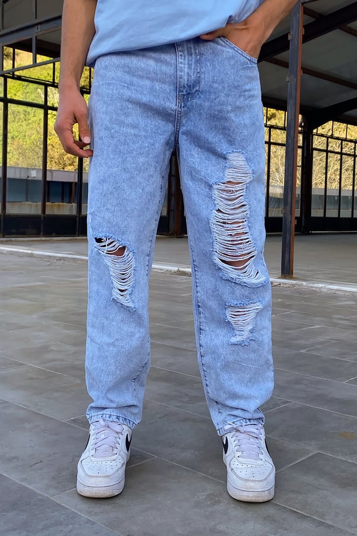 Extenden Yırtık Detaylı Mavi Regular Fit Jean