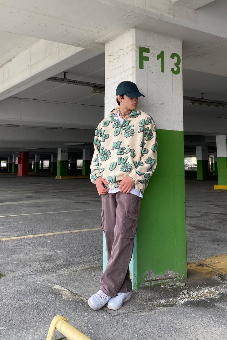 Eyes of Flower Semi Zip-Up Oversize Printed Sweatshirt