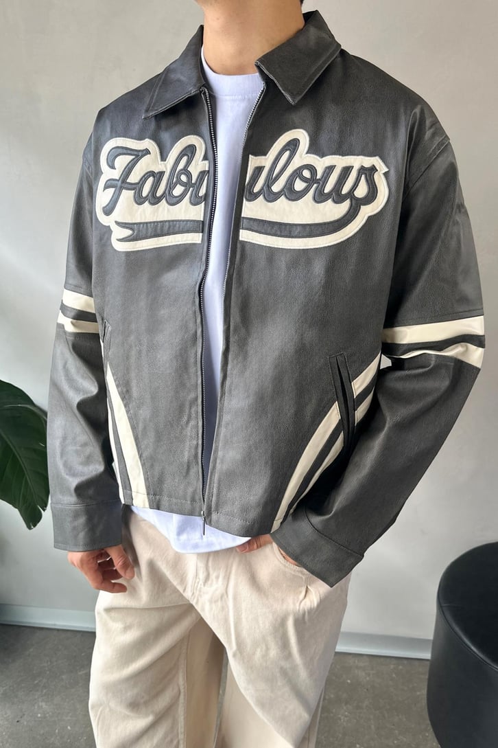 Fabulous Nakışlı Gri Deri Ceket