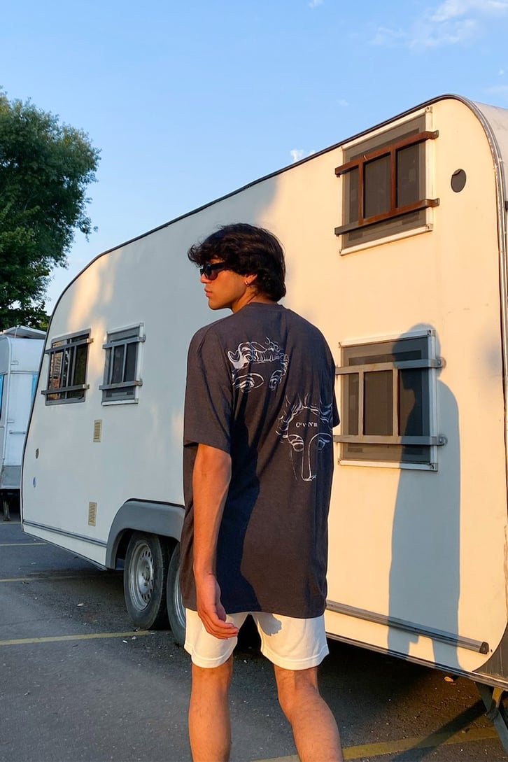 Faced Sırt Baskılı Antrasit Oversize Tshirt