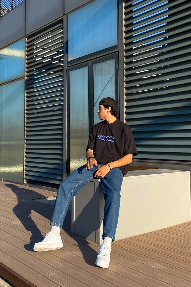 Facts Nakışlı Siyah Oversize Tshirt
