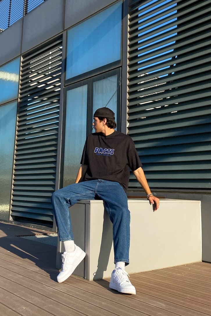 Facts Nakışlı Siyah Oversize Tshirt