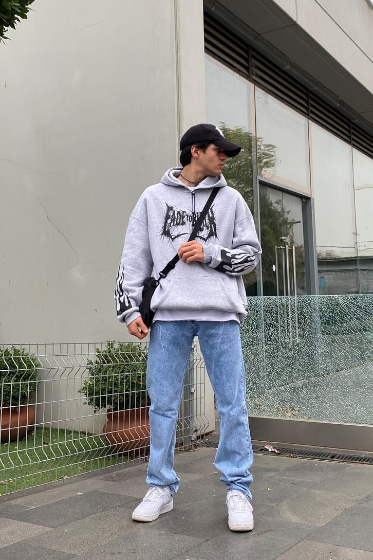 Fade to Black Flame Printed Gri Oversize Hoodie