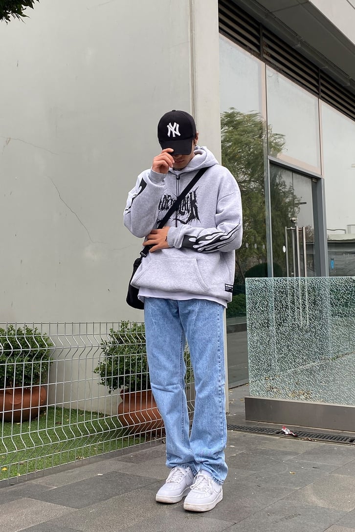 Fade to Black Flame Printed Gri Oversize Hoodie