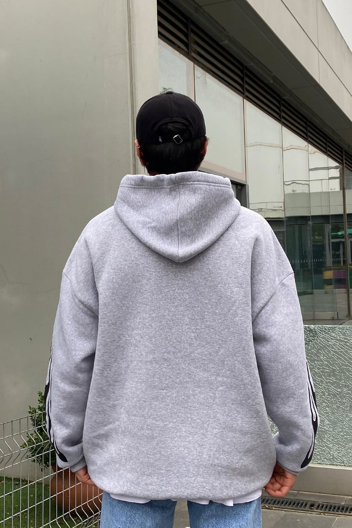 Fade to Black Flame Printed Gri Oversize Hoodie