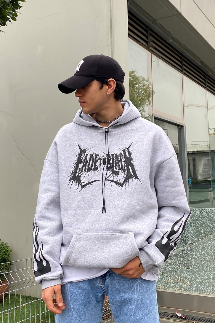 Fade to Black Flame Printed Gri Oversize Hoodie