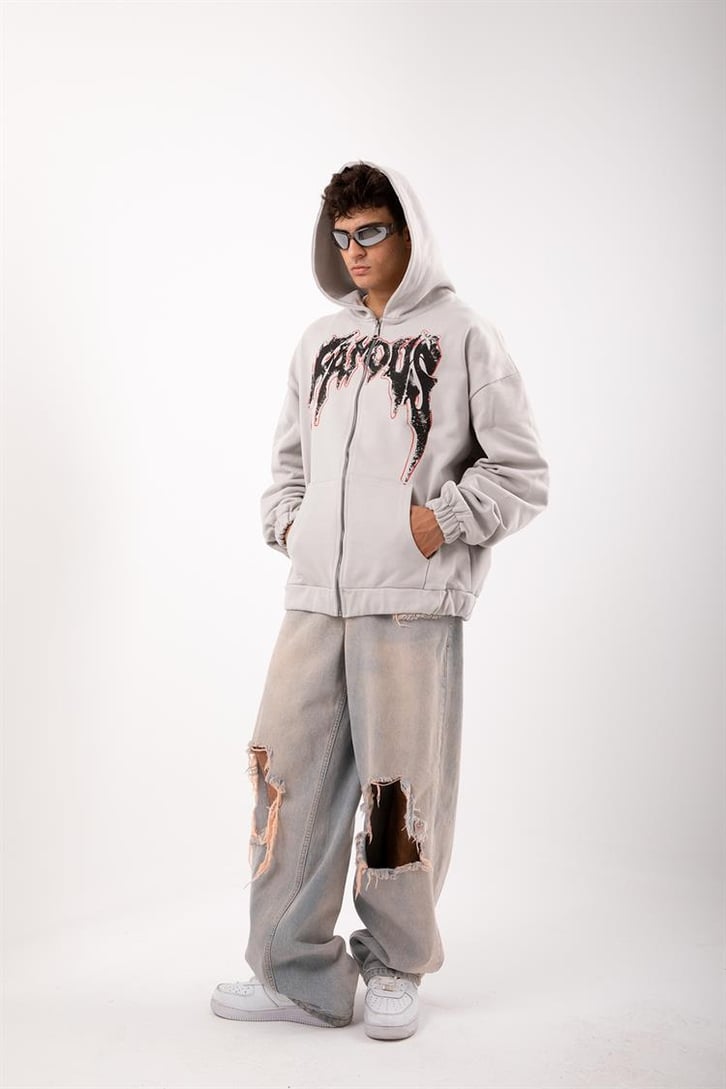 Famous Baskılı Gri Zip Oversize Hoodie