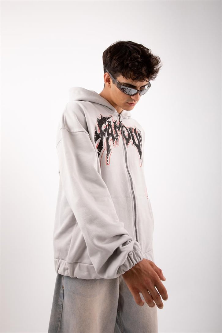 Famous Baskılı Gri Zip Oversize Hoodie