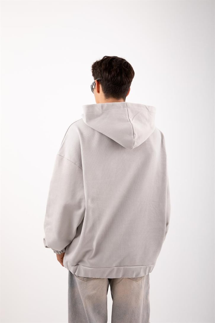 Famous Baskılı Gri Zip Oversize Hoodie