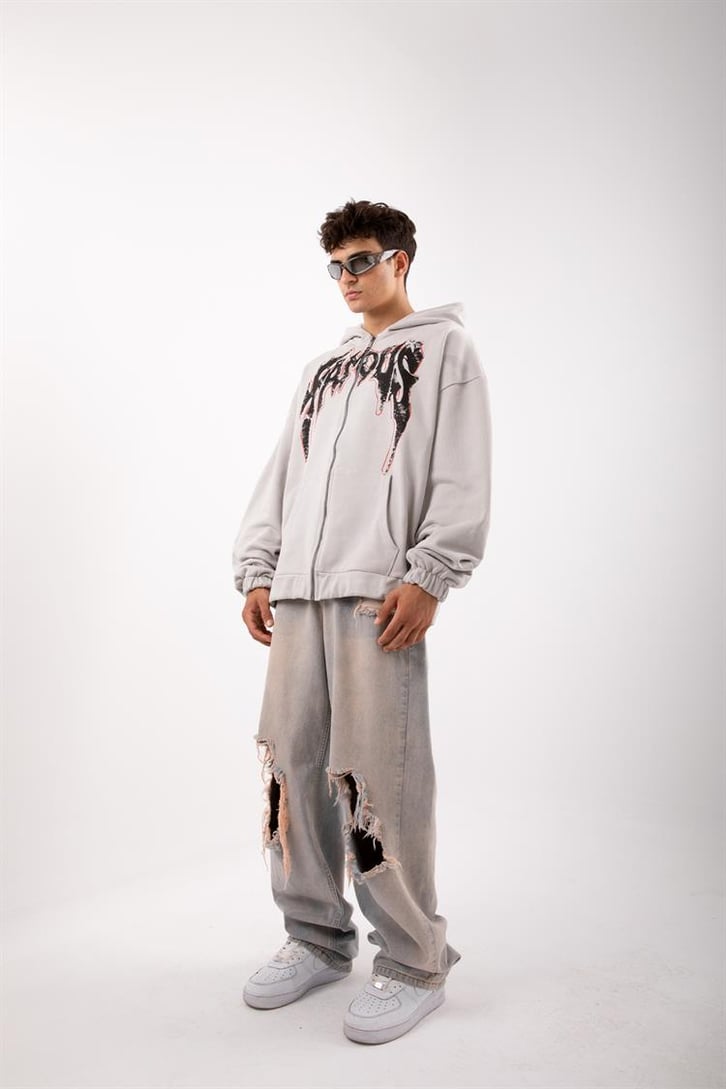 Famous Baskılı Gri Zip Oversize Hoodie