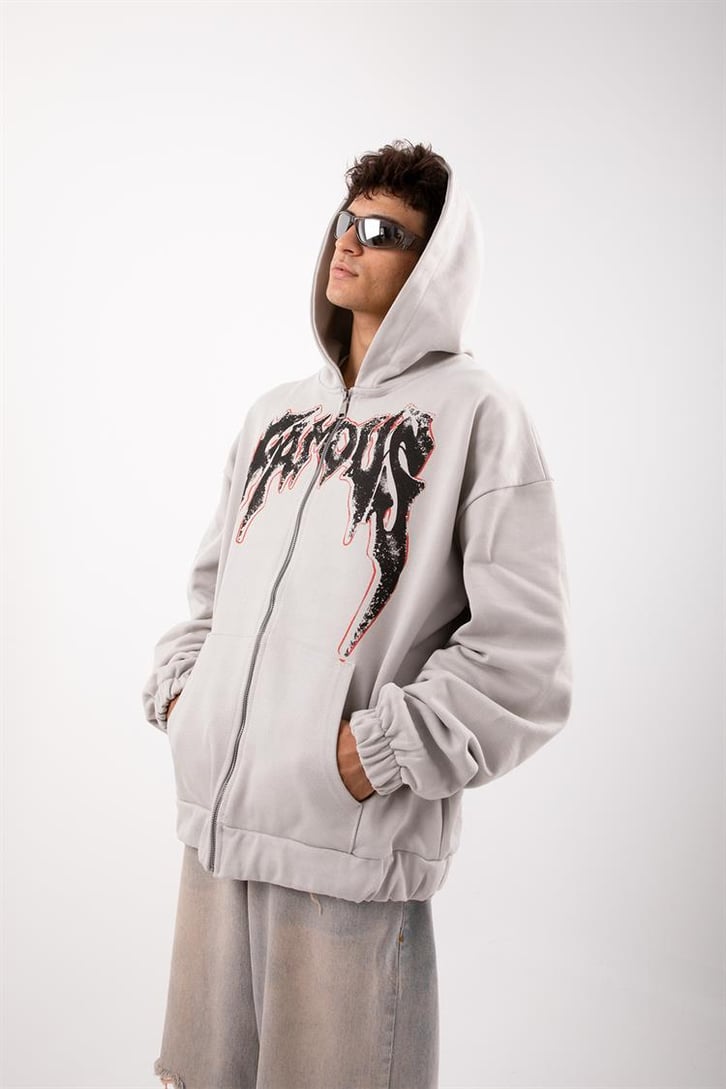 Famous Baskılı Gri Zip Oversize Hoodie