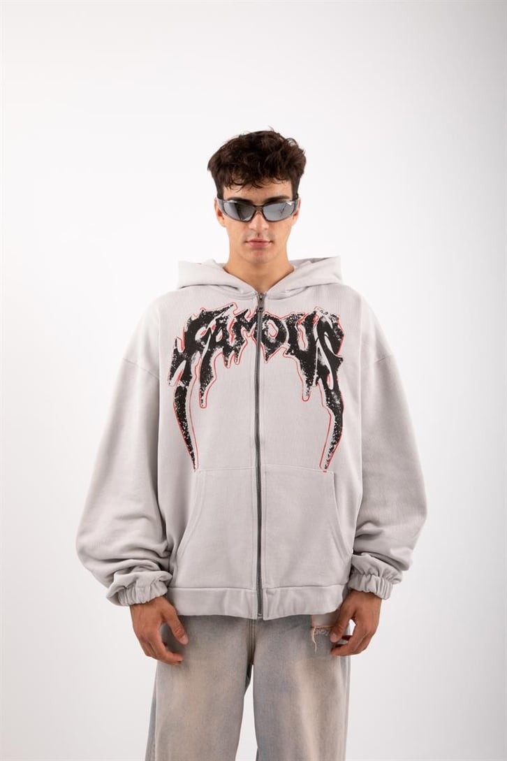 Famous Baskılı Gri Zip Oversize Hoodie