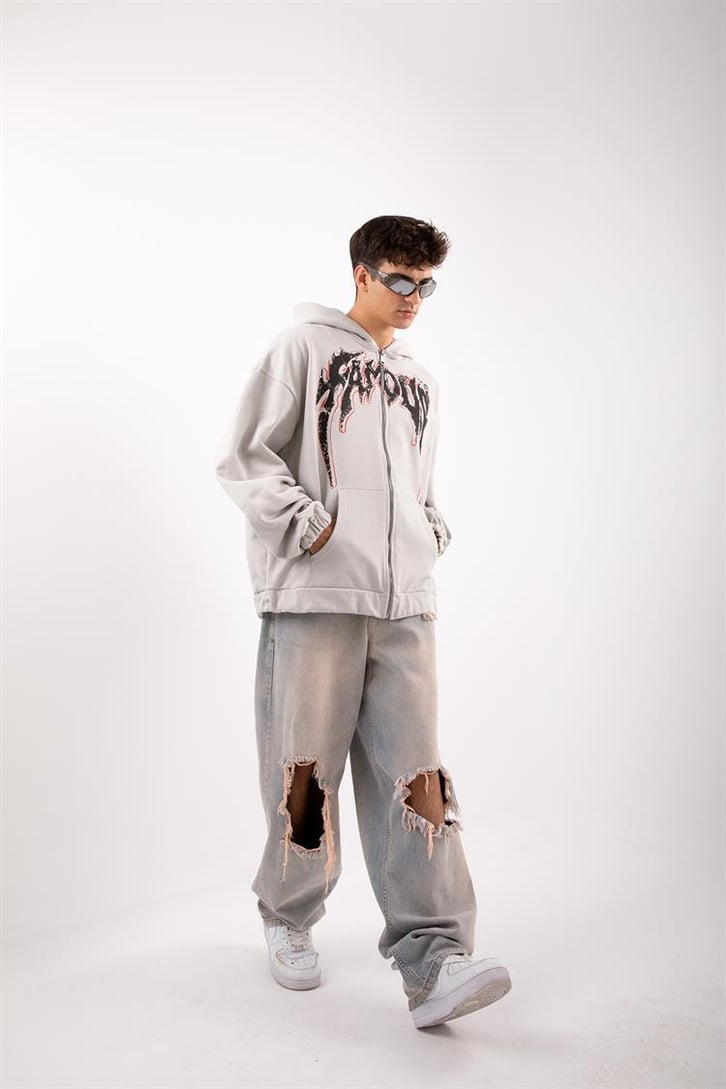 Famous Baskılı Gri Zip Oversize Hoodie