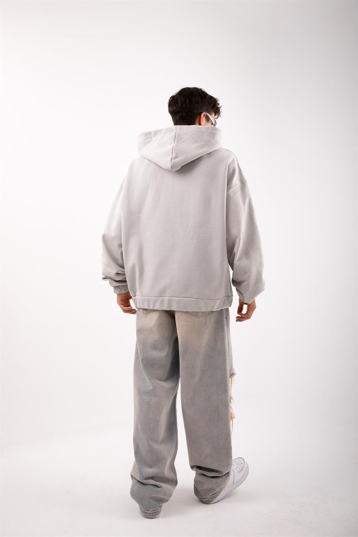 Famous Baskılı Gri Zip Oversize Hoodie