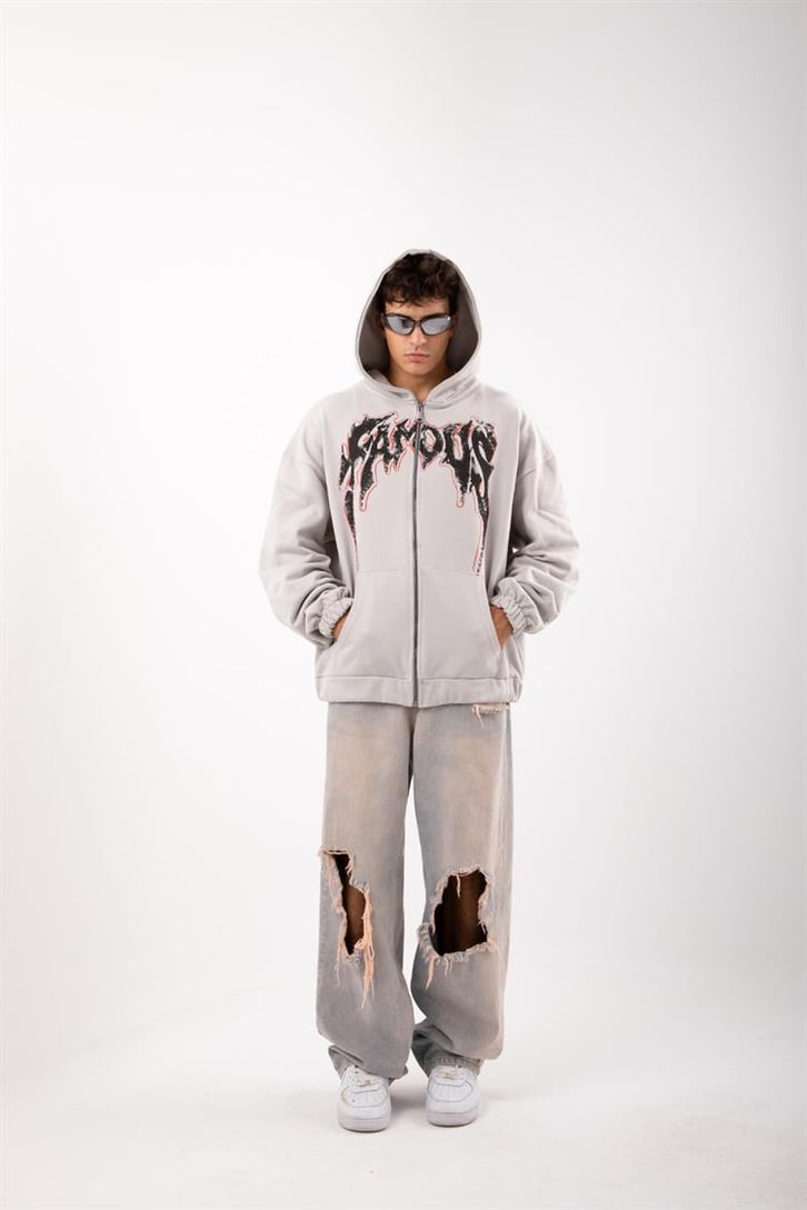 Famous Baskılı Gri Zip Oversize Hoodie