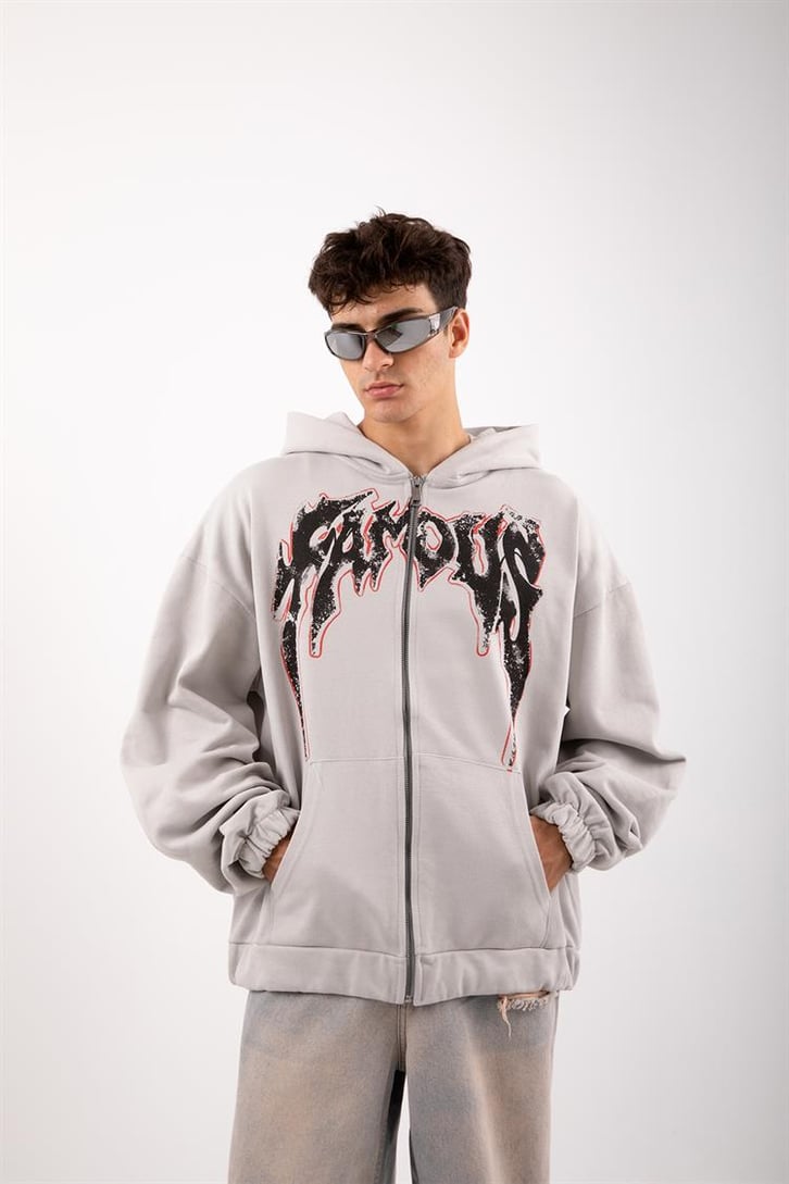 Famous Baskılı Gri Zip Oversize Hoodie