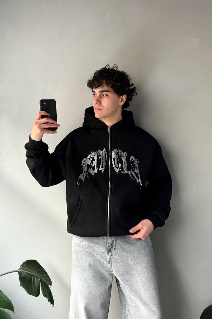 Favela Taş İşlemeli Oversize Hoodie