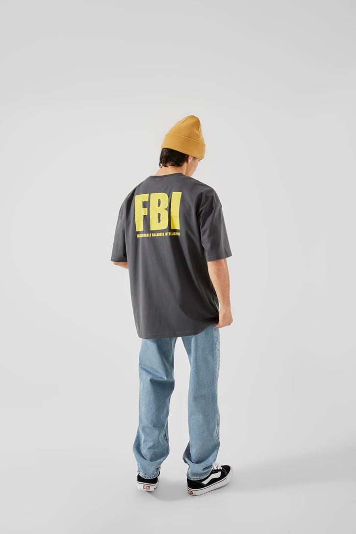 FBI Baskılı Antrasit Oversize Tişört
