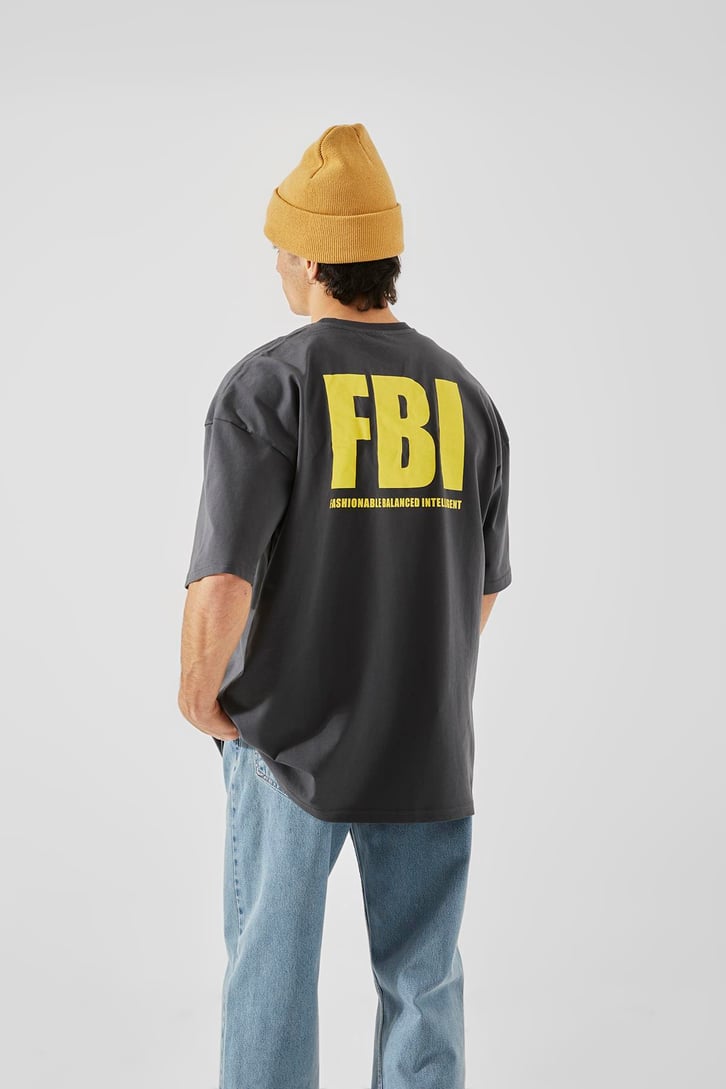 FBI Baskılı Antrasit Oversize Tişört
