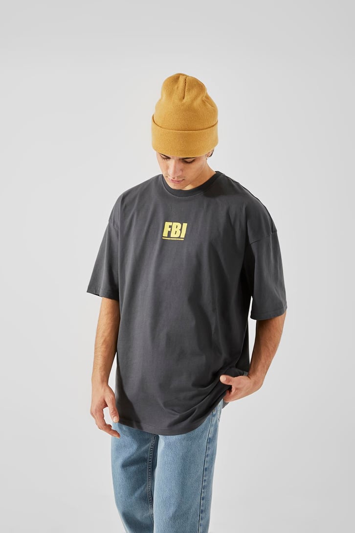 FBI Baskılı Antrasit Oversize Tişört