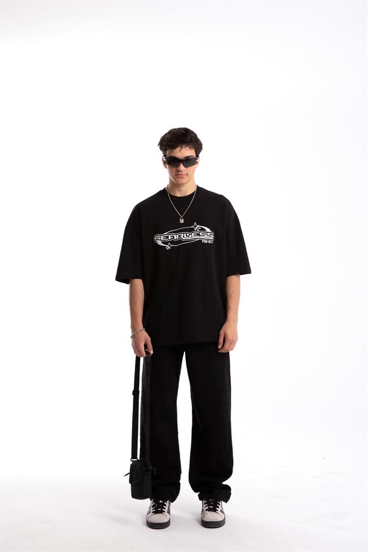 Fearless Nakışlı Siyah Oversize Tshirt