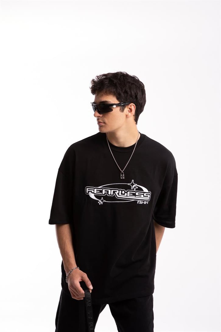 Fearless Nakışlı Siyah Oversize Tshirt