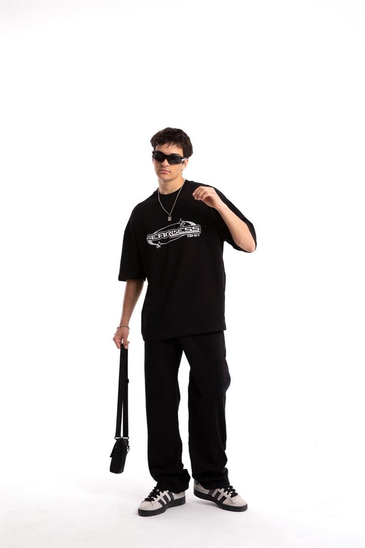 Fearless Nakışlı Siyah Oversize Tshirt