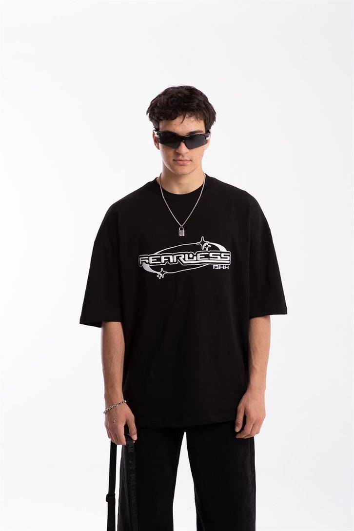 Fearless Nakışlı Siyah Oversize Tshirt