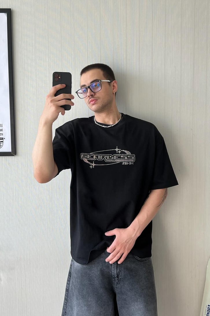 Fearless Taş İşlemeli Siyah Oversize Tişört