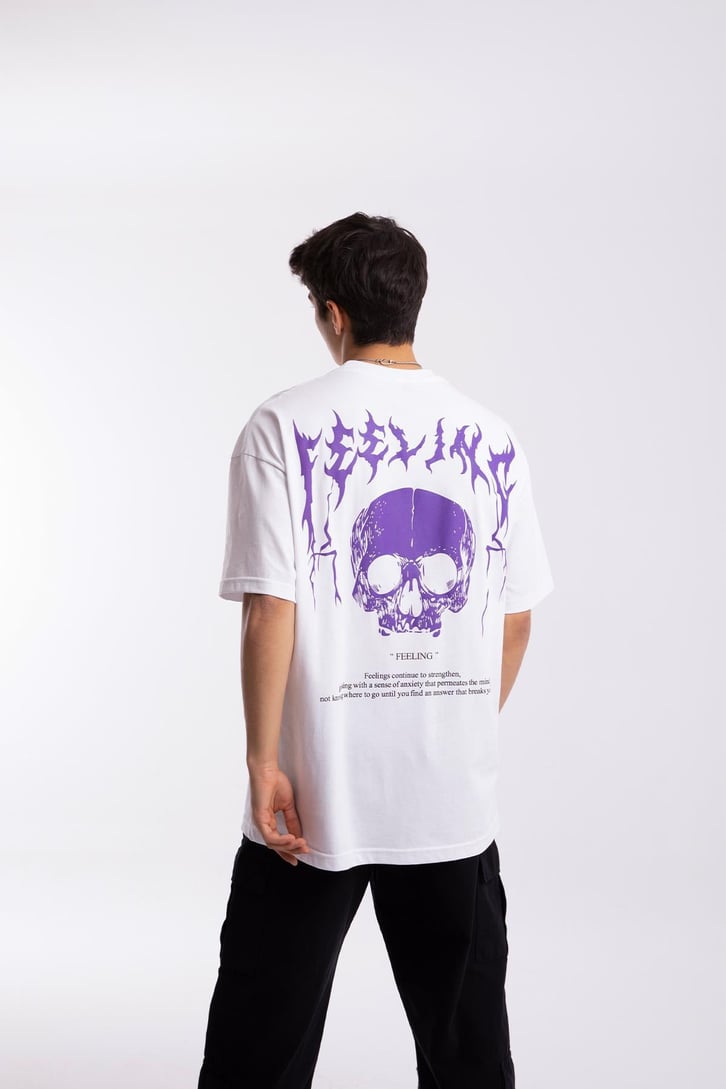 Feeling Skull Baskılı Beyaz Oversize Tshirt