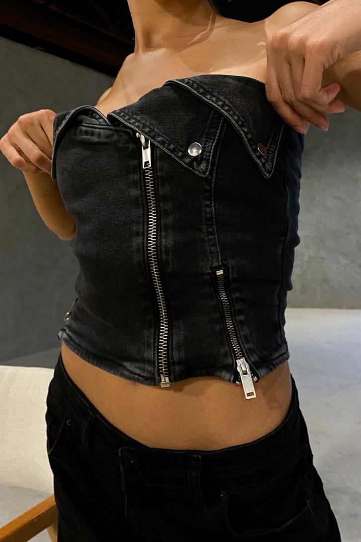 Fermuar Detaylı Antrasit Denim Straplez