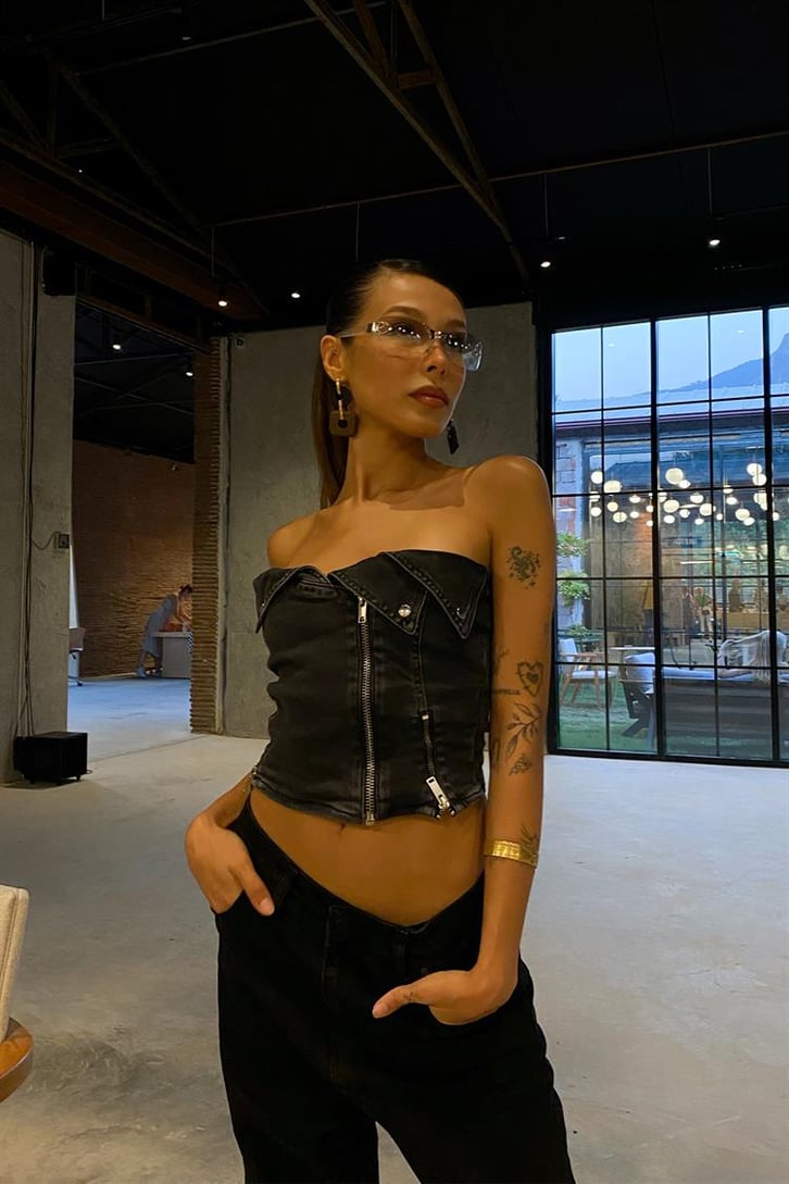 Fermuar Detaylı Antrasit Denim Straplez