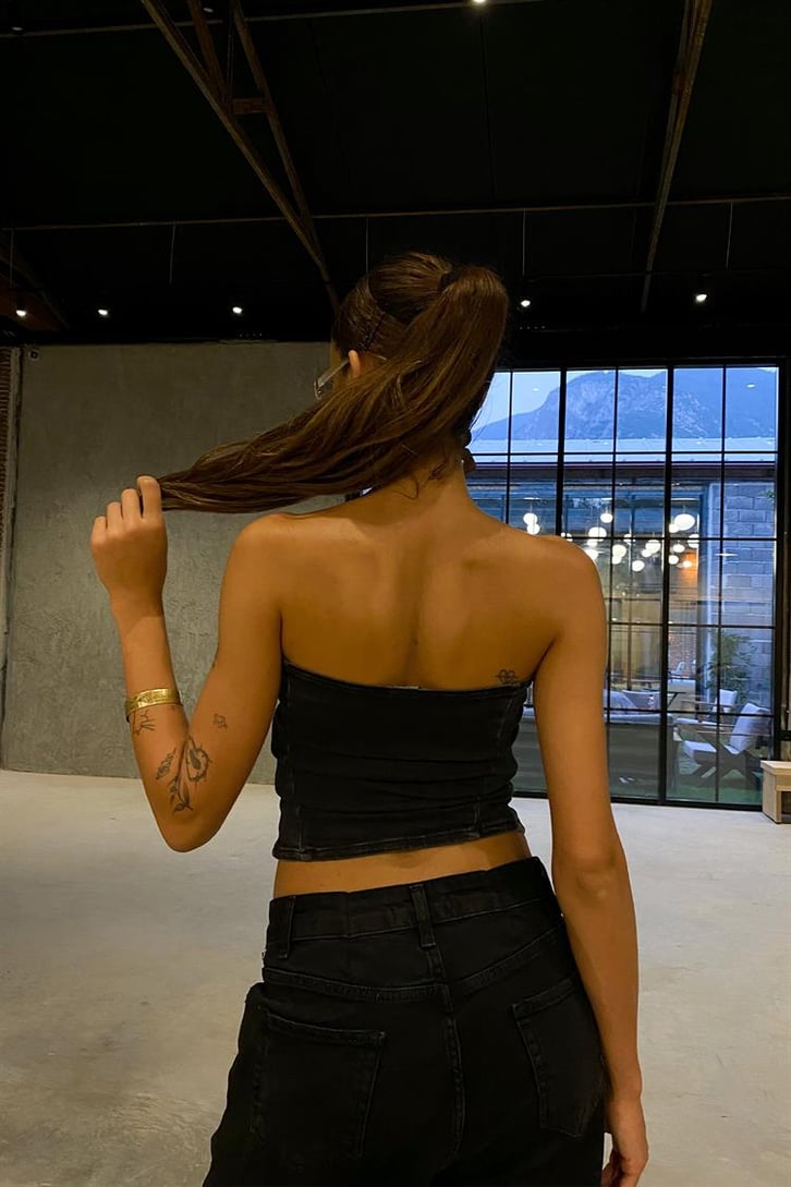 Fermuar Detaylı Antrasit Denim Straplez