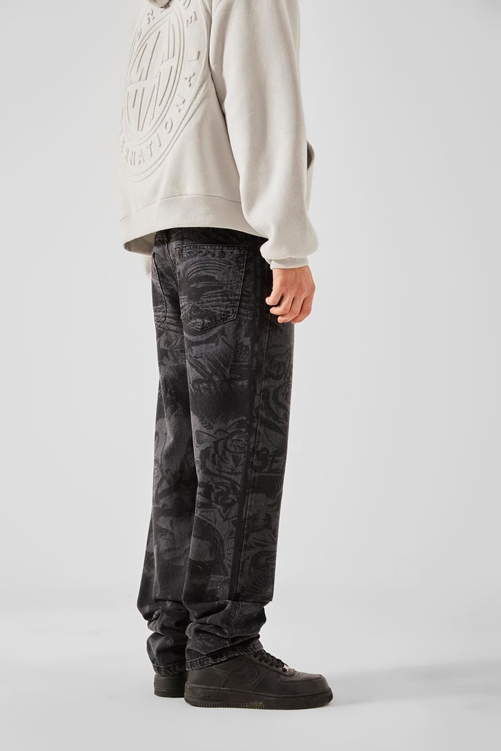 Figür Desenli Antrasit Baggy Jean