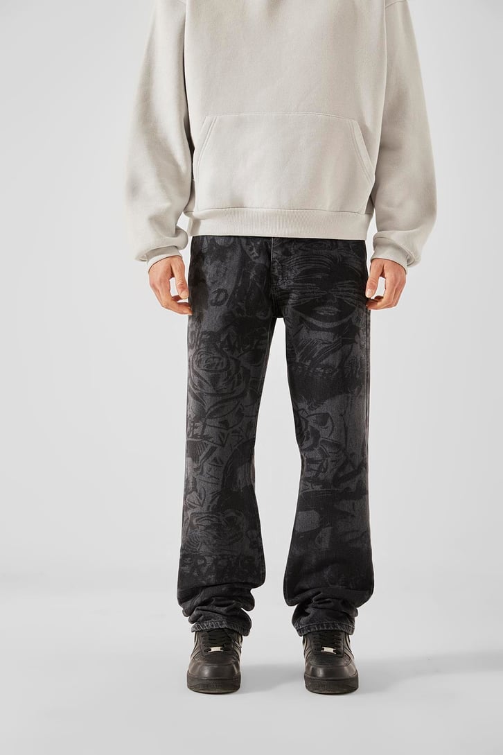 Figür Desenli Antrasit Baggy Jean