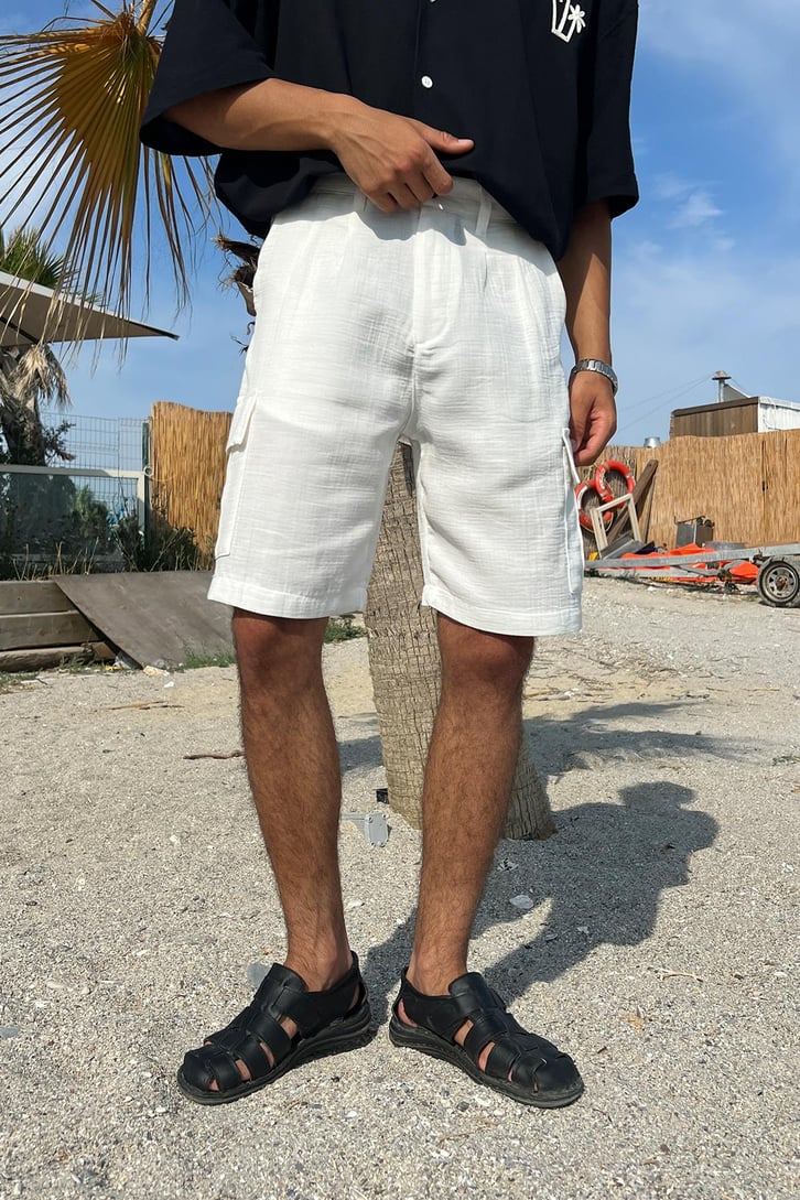 Finest Kargo Cepli Beyaz Keten Şort