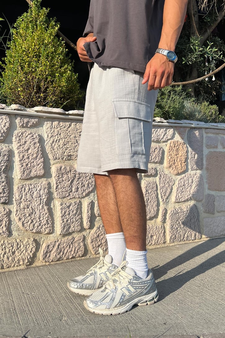 Finest Kargo Cepli Gri Keten Şort