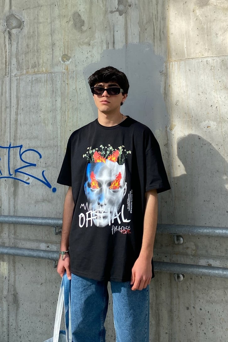 Fire Brain Flowers Prınted Oversize Basıc Tshırt