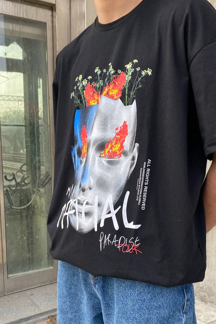 Fire Brain Flowers Prınted Oversize Basıc Tshırt