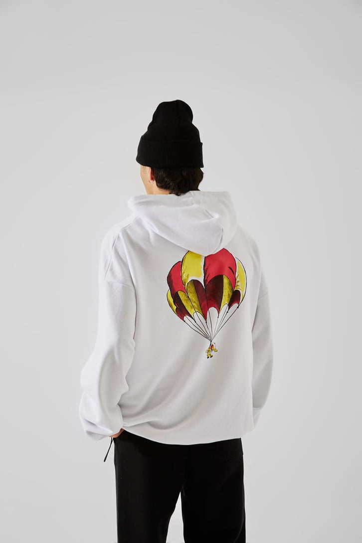 First Space Monkey Baskılı Beyaz Oversize Hoodie