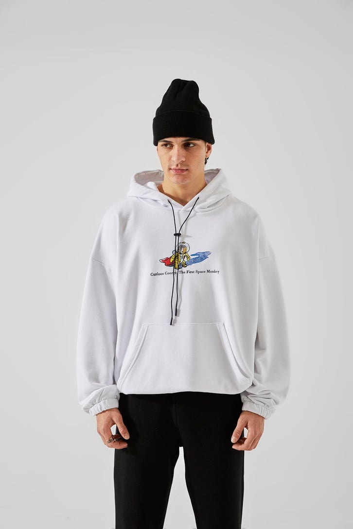 First Space Monkey Baskılı Beyaz Oversize Hoodie