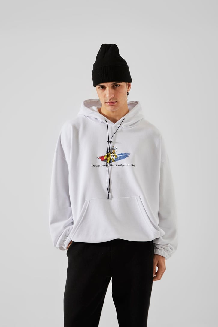 First Space Monkey Baskılı Beyaz Oversize Hoodie